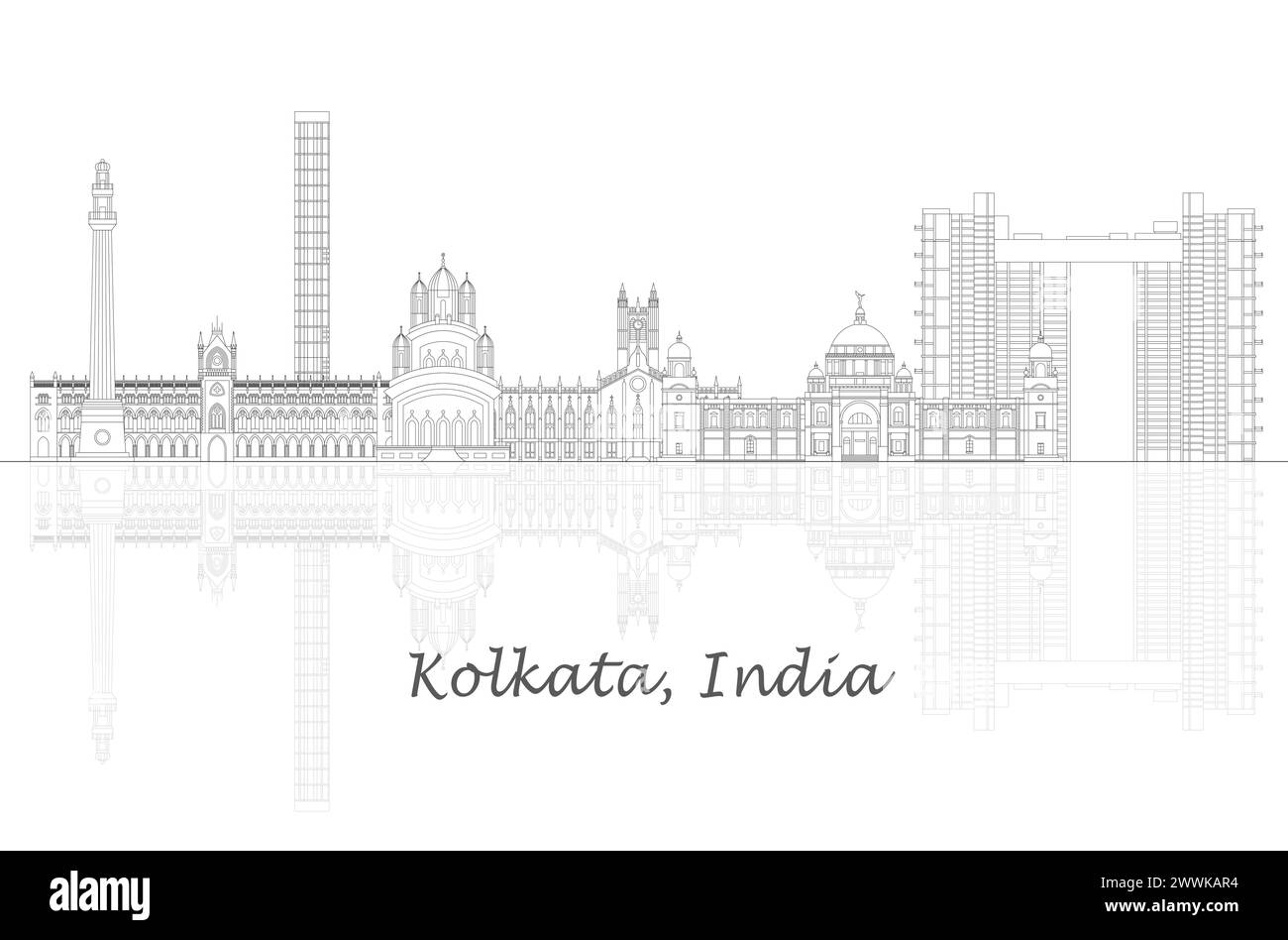 Outline Skyline panorama of city of Kolkata, India - vector illustration Stock Vector