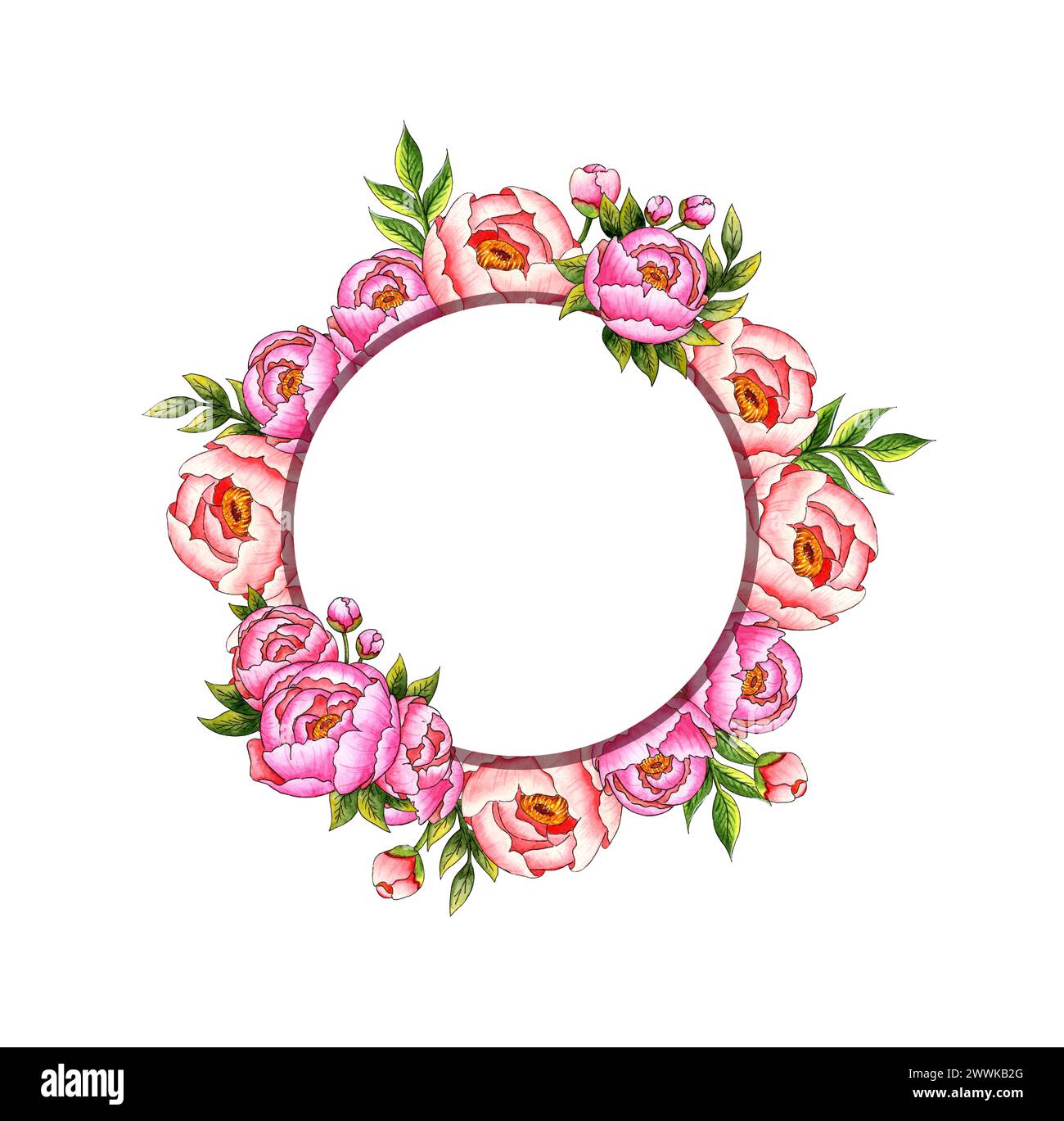 Watercolor illustration round frame wreath border with pink peonies, buds and leaves. Botanical composition isolated on a white background. Great patt Stock Photo