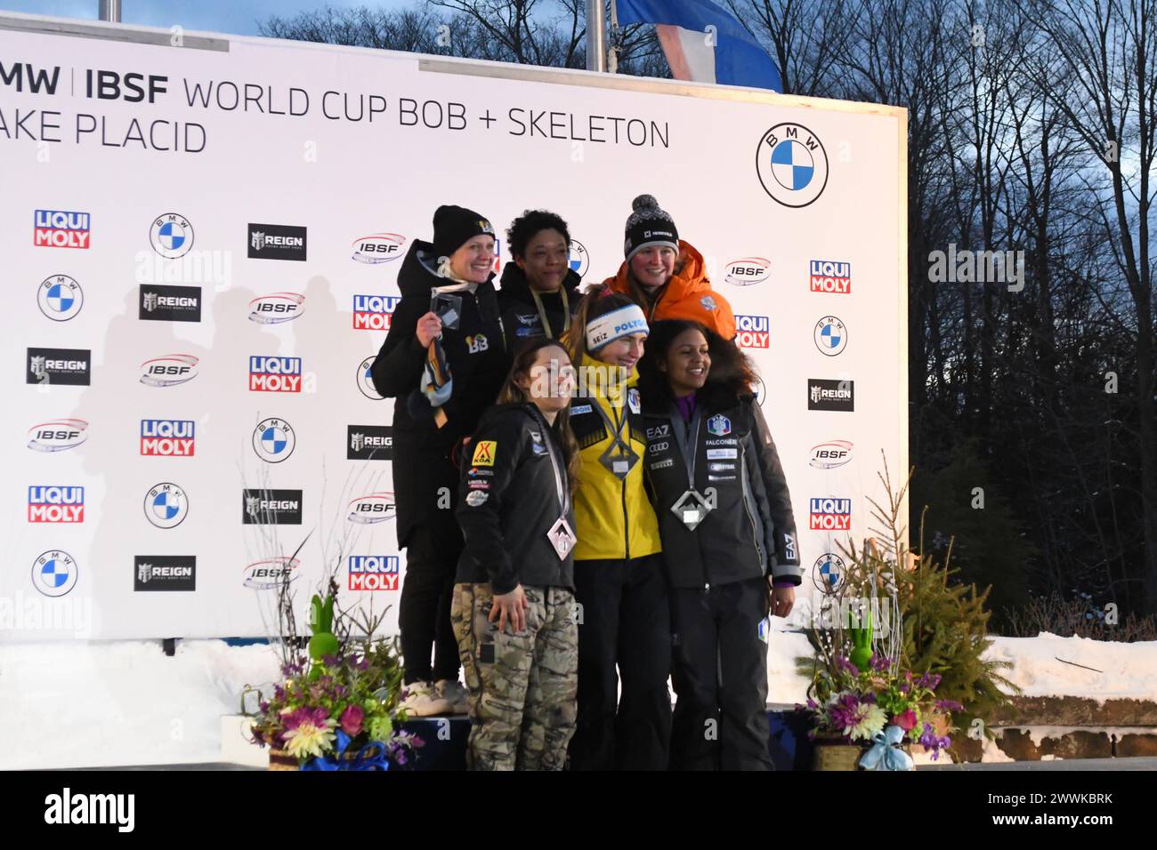 Medalists of the women's skeleton, 2nd place Kimberley Bos, winner Mystique Ro, 3rd place Kimberley Bos, 4th place Katie Uhlaender, 5th place Jacqueli Stock Photo