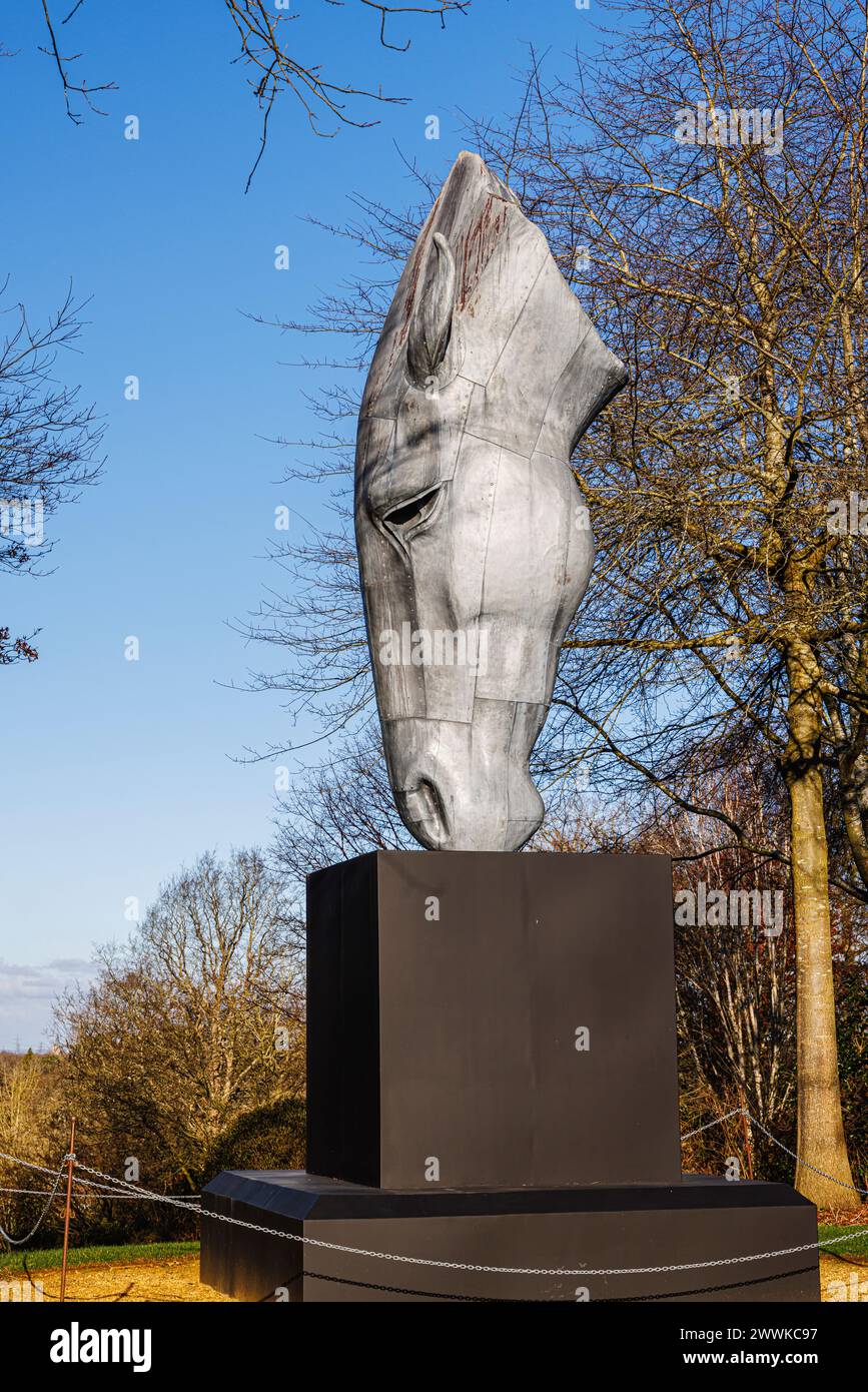 Large ‘Still Water’ metallic sculpture of a horse's head by Nic FiddianGreen at the top of