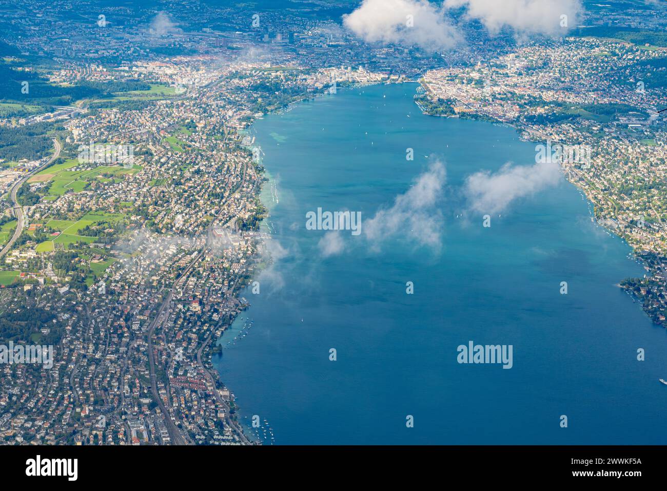 Description: Aerial view of Zuerich and Lake Zuerich on a cloudy summer ...