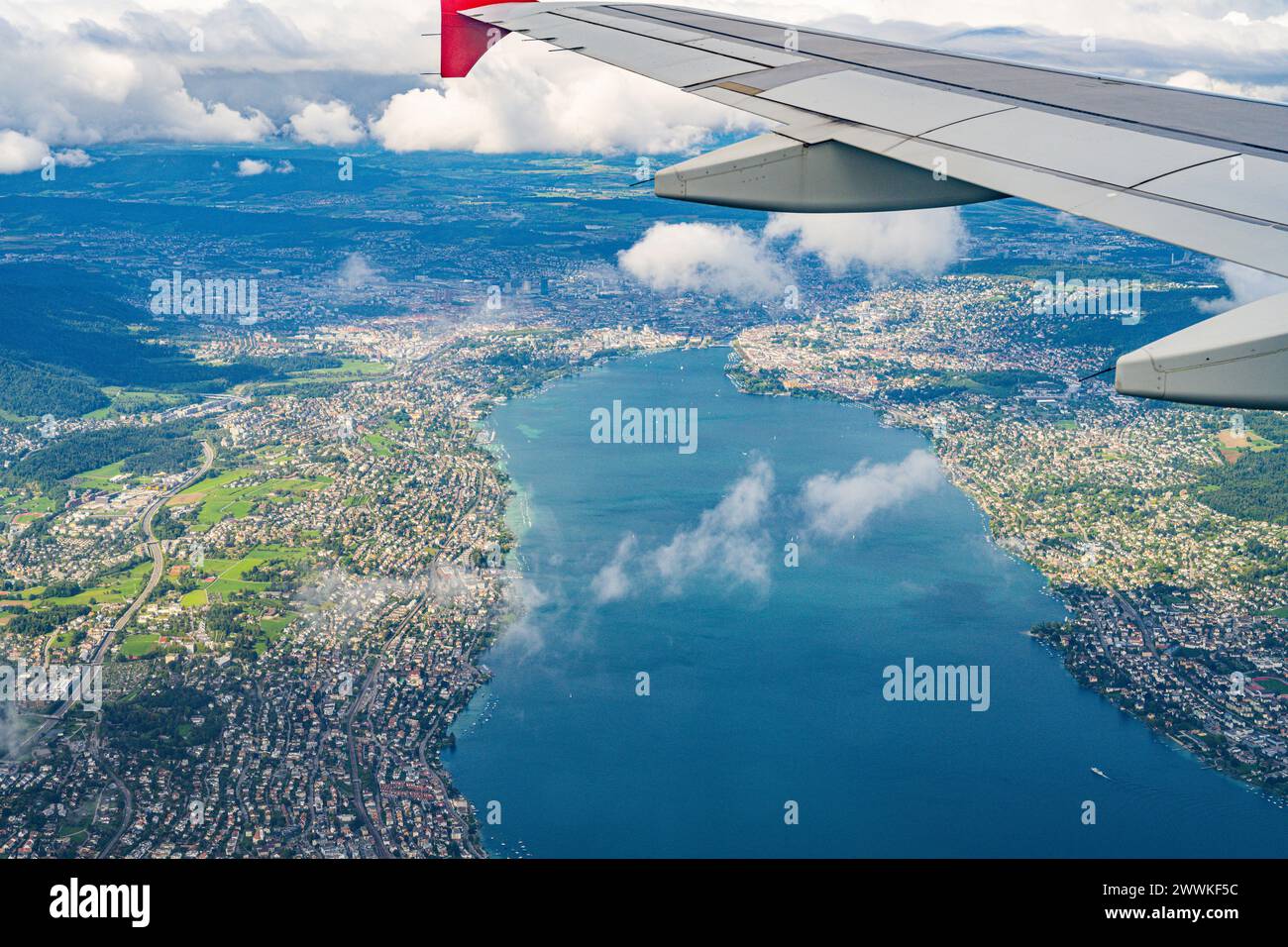 Aerial view of Zuerich and Lake Zuerich on a cloudy summer day ...
