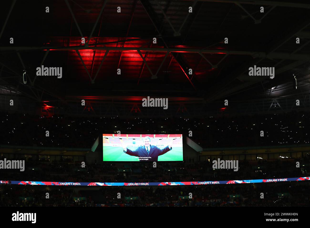London, UK. 23rd Mar, 2024. A tribute to Terry Venables is shown ahead of kick-off. England v Brazil, International football friendly match at Wembley Stadium in London on Saturday 23rd March 2024. Editorial use only. pic by Andrew Orchard/Andrew Orchard sports photography/Alamy Live News Credit: Andrew Orchard sports photography/Alamy Live News Stock Photo