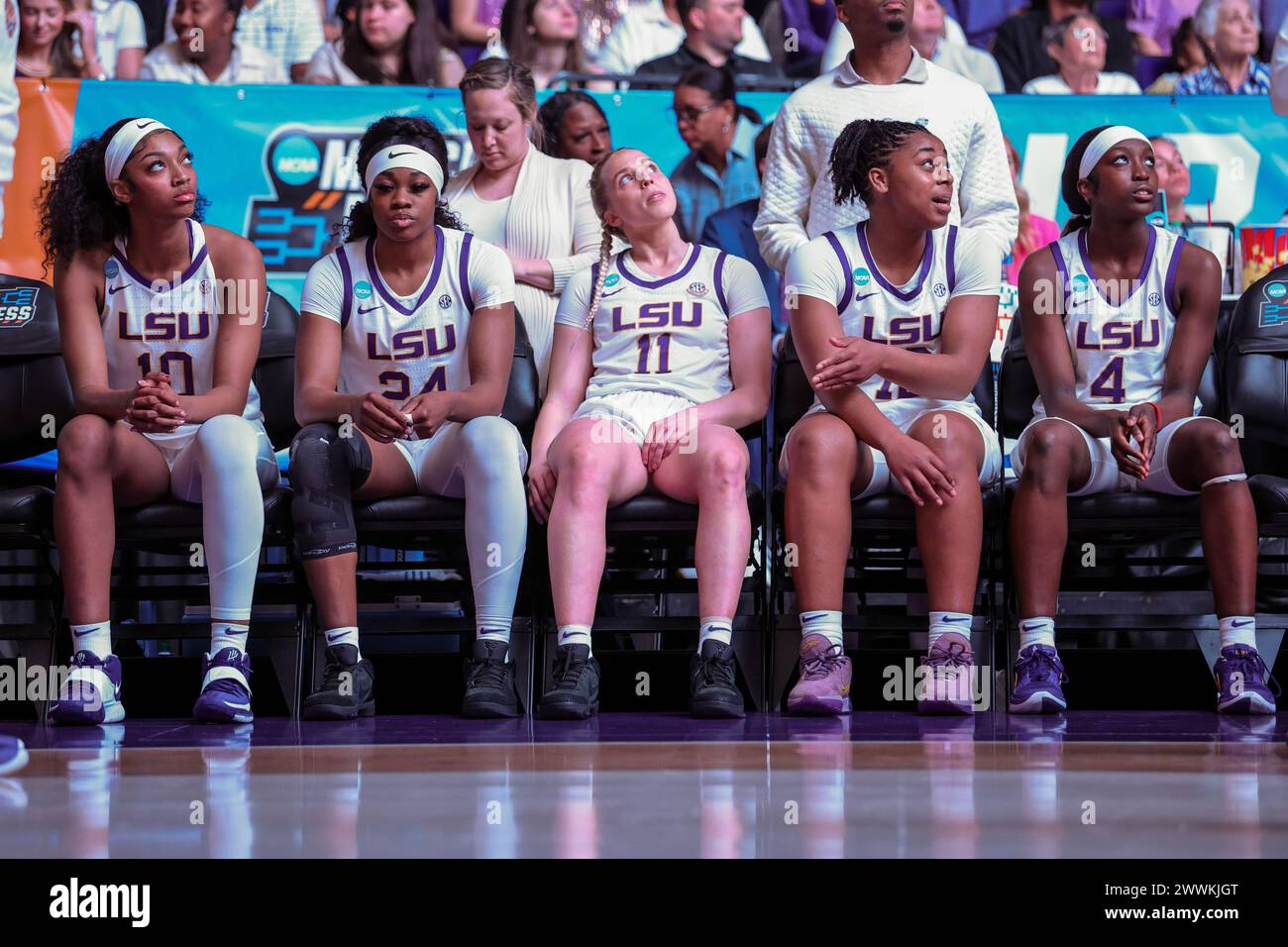 Baton Rouge, LA, USA. 24th Mar, 2024. LSU's starting lineup including Angel Reese (10), Aneesah Morrow (24), Hailey Van Lith (11), Mikaylah Williams (12) and Flau'jae Johnson (4) sit and watch the highlights prior to second round action of the NCAA Women's March Madness Tournament between the Middle Tennessee Blue Raiders and the LSU Tigers at the Pete Maravich Assembly Center in Baton Rouge, LA. Jonathan Mailhes/CSM (Credit Image: © Jonathan Mailhes/Cal Sport Media). Credit: csm/Alamy Live News Stock Photo