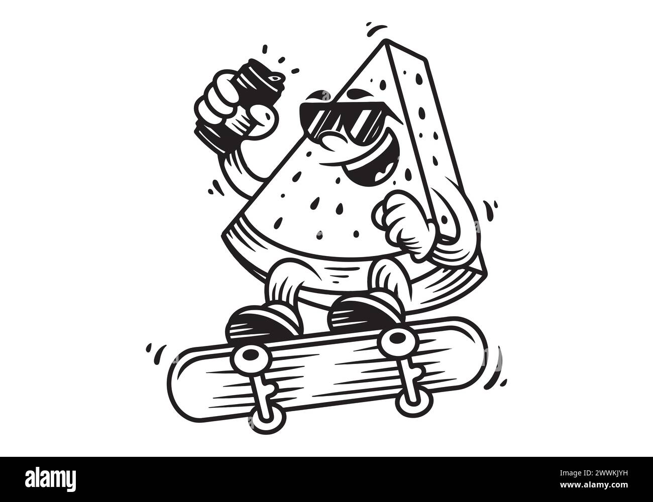Line art Mascot character of watermelon jumping on the skateboard. Holding a beer can Stock Vector