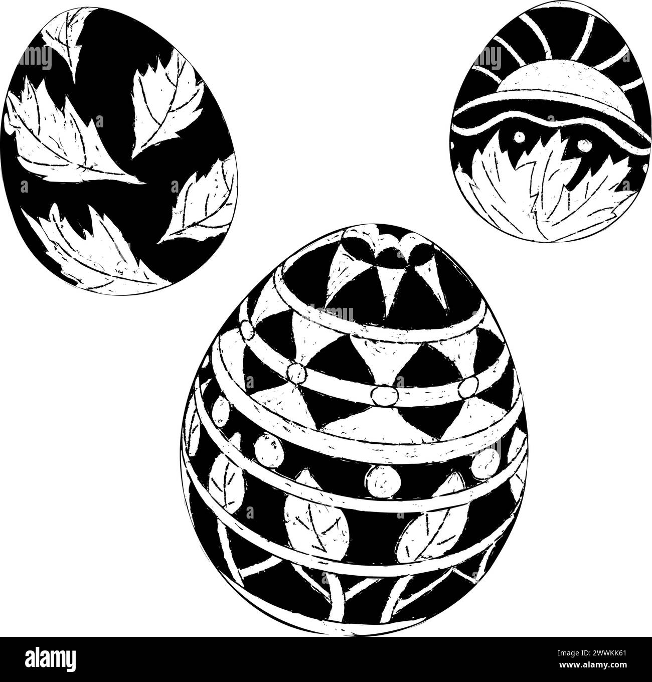 Shape of 3 Easter eggs decorated with ornament. Vector illustration of Easter eggs decorated with pattern. Painting style. Festive treat Stock Vector