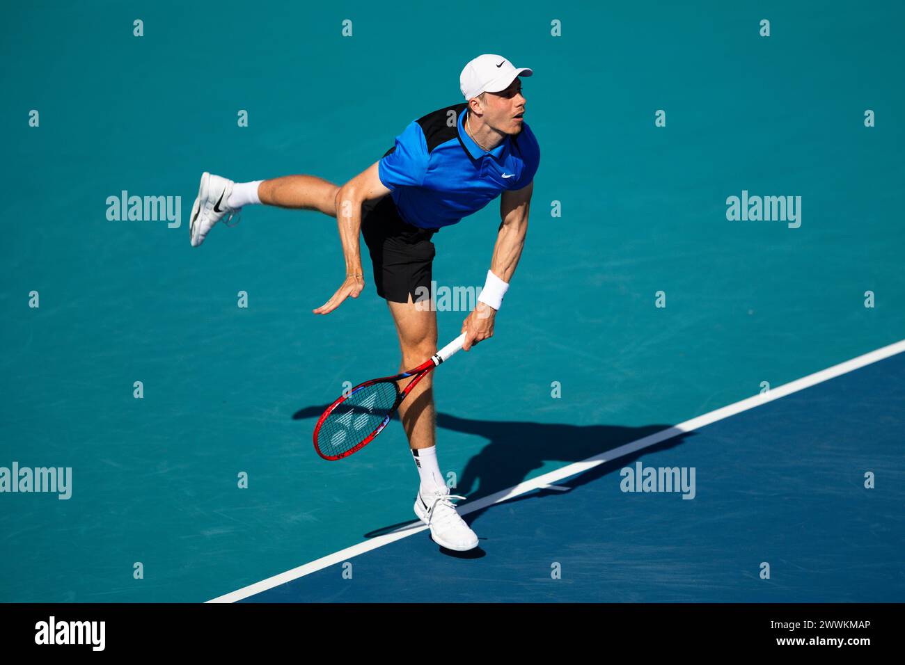 MIAMI GARDENS, FLORIDA - MARCH 24: Denis Shapovalov of Canada in action against Matteo Arnaldi of Italy during their match on Day 9 of the Miami Open at Hard Rock Stadium on March 24, 2024 in Miami Gardens, Florida. (Photo by Mauricio Paiz) Credit: Mauricio Paiz/Alamy Live News Stock Photo