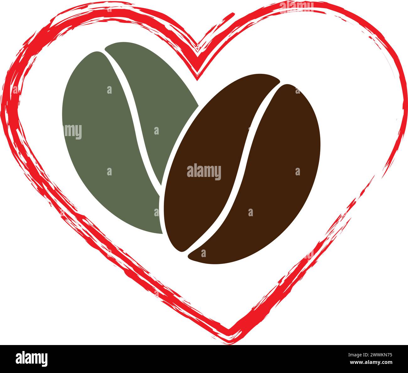 Green and dark brown coffee bean in heart of chalk brush stroke Love ...