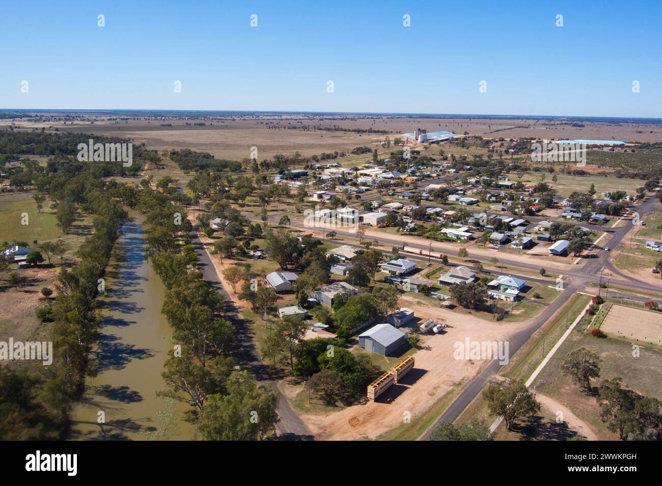 Aerial of the small village of Meandarra on Brigalow Creek in the Western Darling Downs Queensland Australia Stock Photo