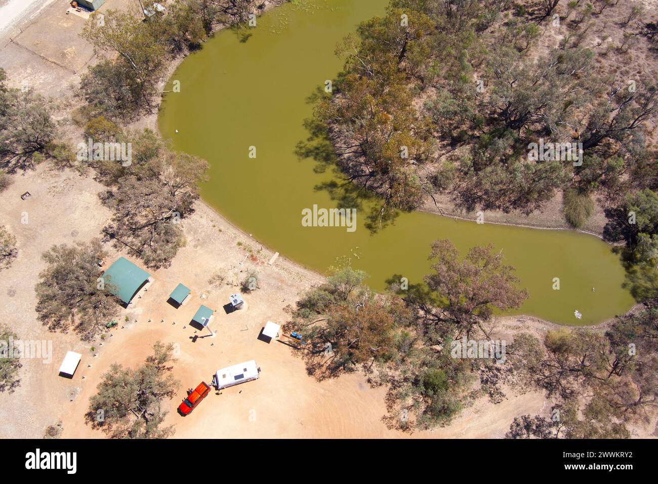 Aerial of waterhole on the Bokhara River at the remote southern border village of Hebel Queensland Australia Stock Photo