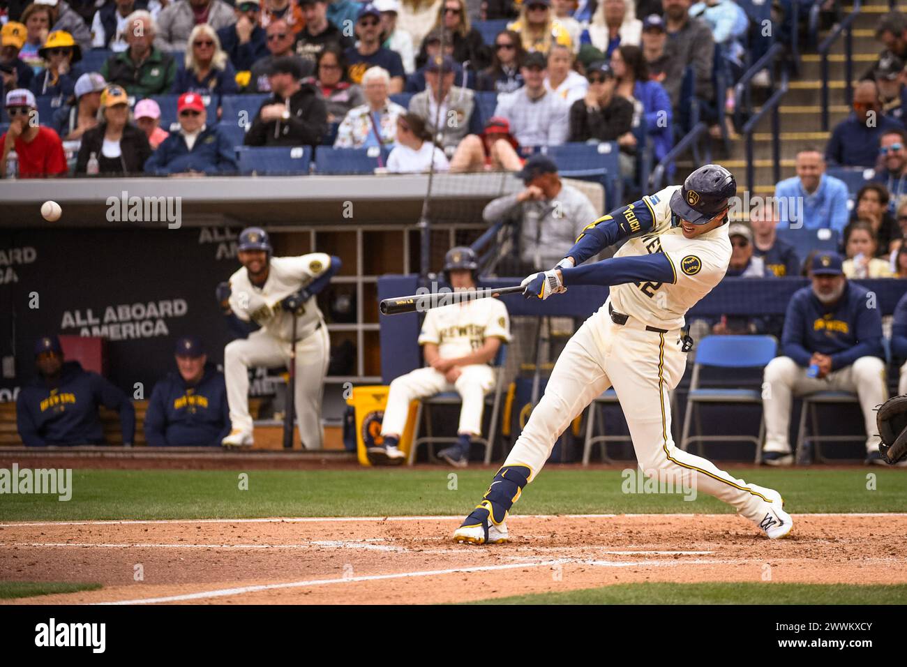 Milwaukee Brewers left fielder Christian Yelich (22) doubles in the ...
