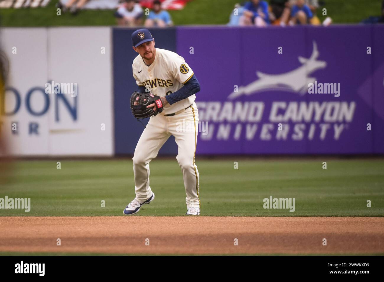 Milwaukee Brewers second baseman Brice Turang (2) fields a ground ball ...