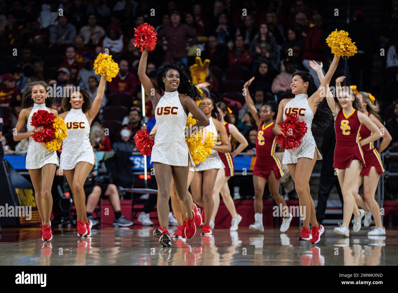 USC Trojans cheerleaders during the first round of NCAA women’s basketball championship game against the Texas A&M-CC Islanders, Saturday, March 23, 2 Stock Photo