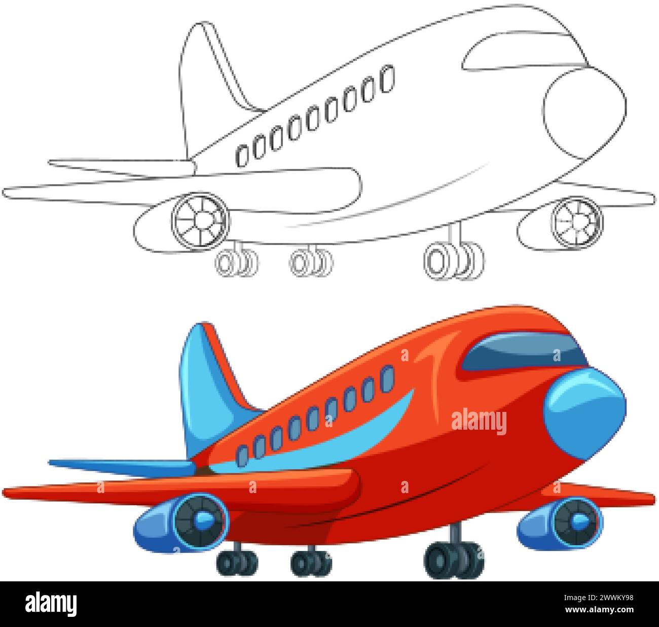 Two stylized airplanes, one colored and one outlined. Stock Vector
