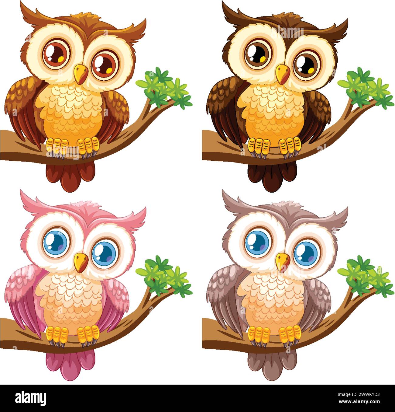 Four cute owls with big eyes on tree branches Stock Vector