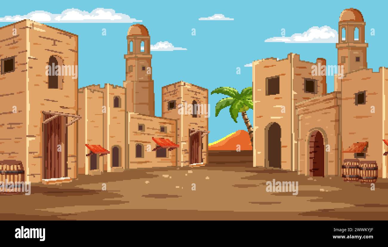 Sunny desert landscape with traditional buildings Stock Vector Image ...