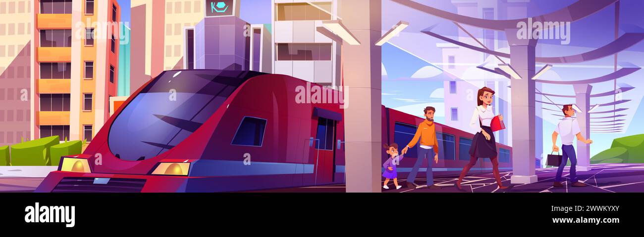 People on city train station. Vector cartoon illustration of men, woman and boy walking on metro platform, urban buildings on background, busy passengers using modern public transport services Stock Vector