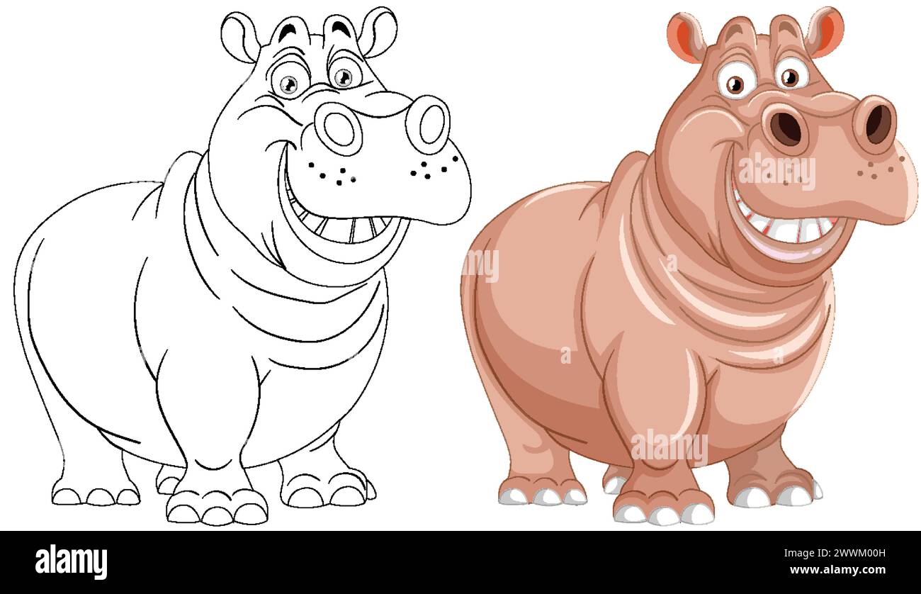 Colorful and outlined hippopotamus cartoon characters Stock Vector ...
