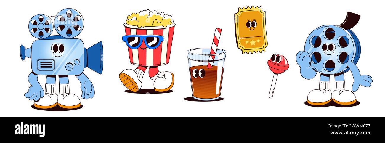 Cute movie and popcorn character cartoon icon. Cinema and theater mascot kids illustration. Funny ticket, pop corn bucket, soda and lollipop humor design. Candy and roll with face isolated set Stock Vector