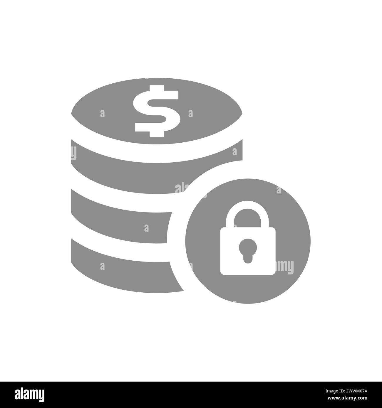 Coin stack and padlock vector icon. Secure and safe banking and finance symbol. Stock Vector
