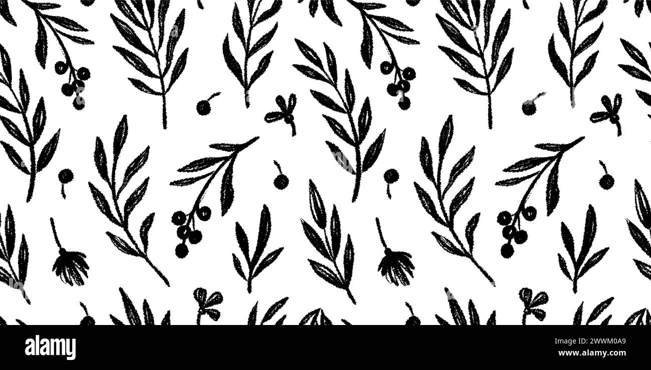 Floral leaf seamless black pattern vector background. Hand drawn crayon abstract texture paint tree leaf seamless brush pattern. Black, white texture leaves floral print. Vector Stock Vector