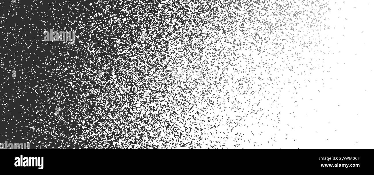 Noise gradient background from white to black with grain texture. Monochrome dot pattern with grainy effect. Vector illustration of halftone speckle diffuse gradation. Noisy powder faded shadow. Stock Vector