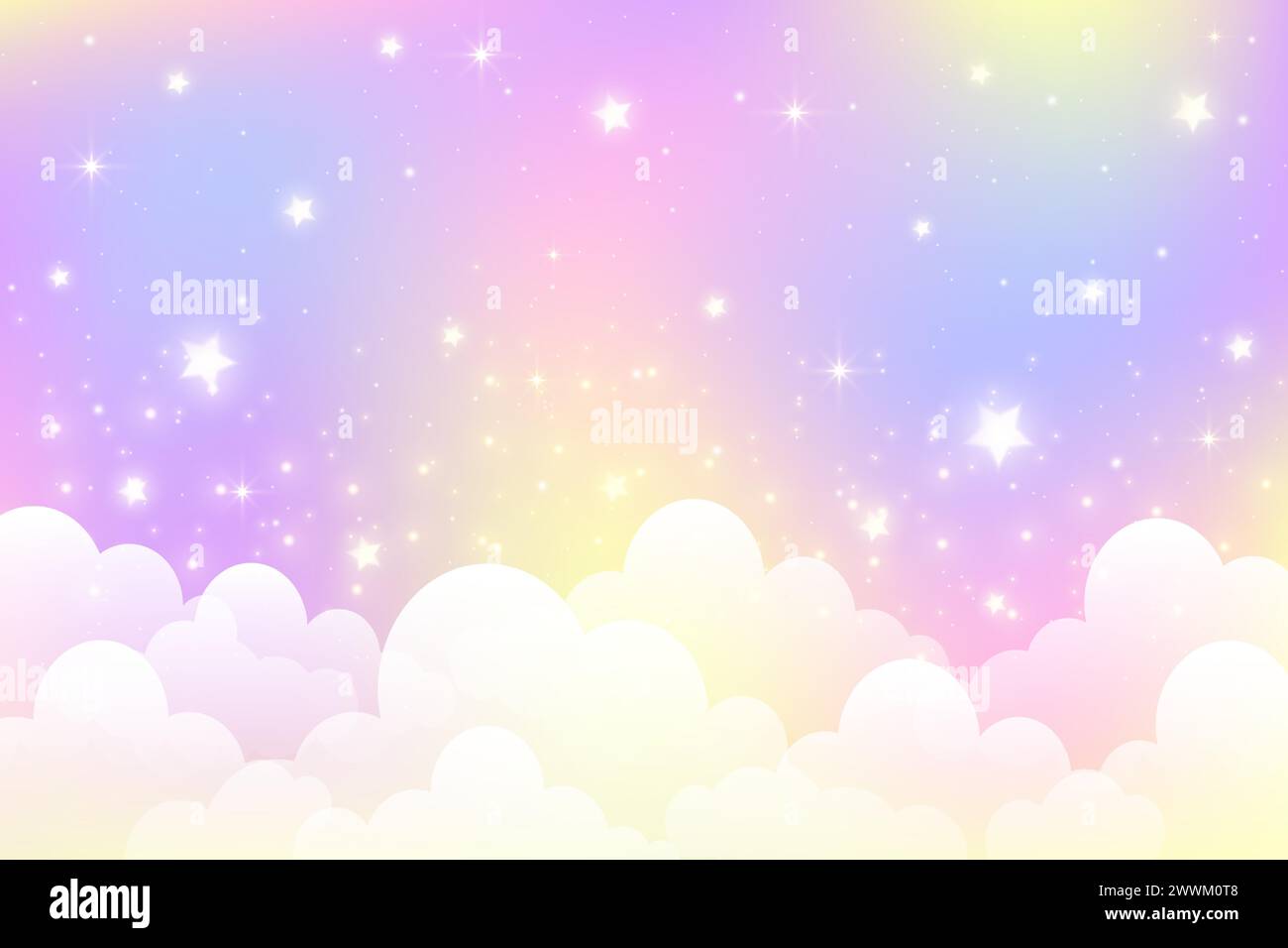 Cute unicorn colored sky with stars and clouds. Rainbow pastel vector background. Abstract gradient landscape with gradient and sparkles. Magic Stock Vector