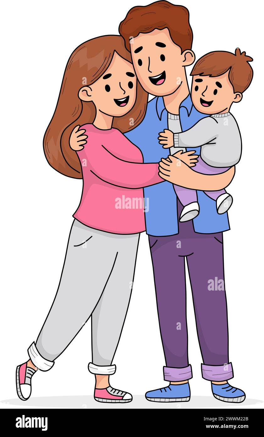 Happy family. Cute man father hugs his wife and holds his son in his arms. Vector illustration. Smiling people characters in full growth. Stock Vector