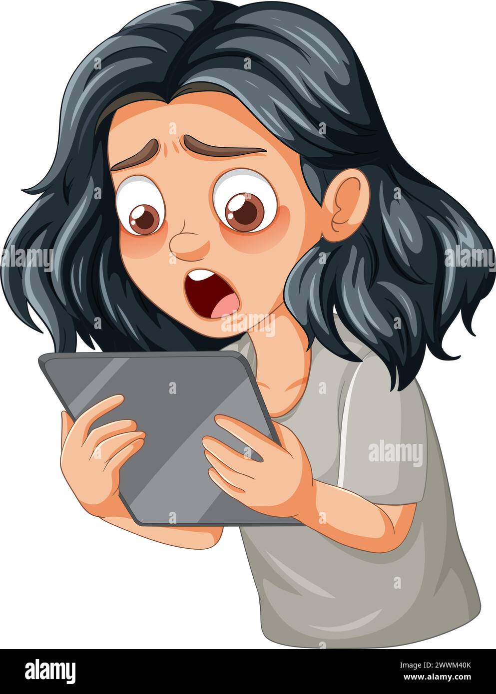 Cartoon of a woman surprised by tablet content Stock Vector