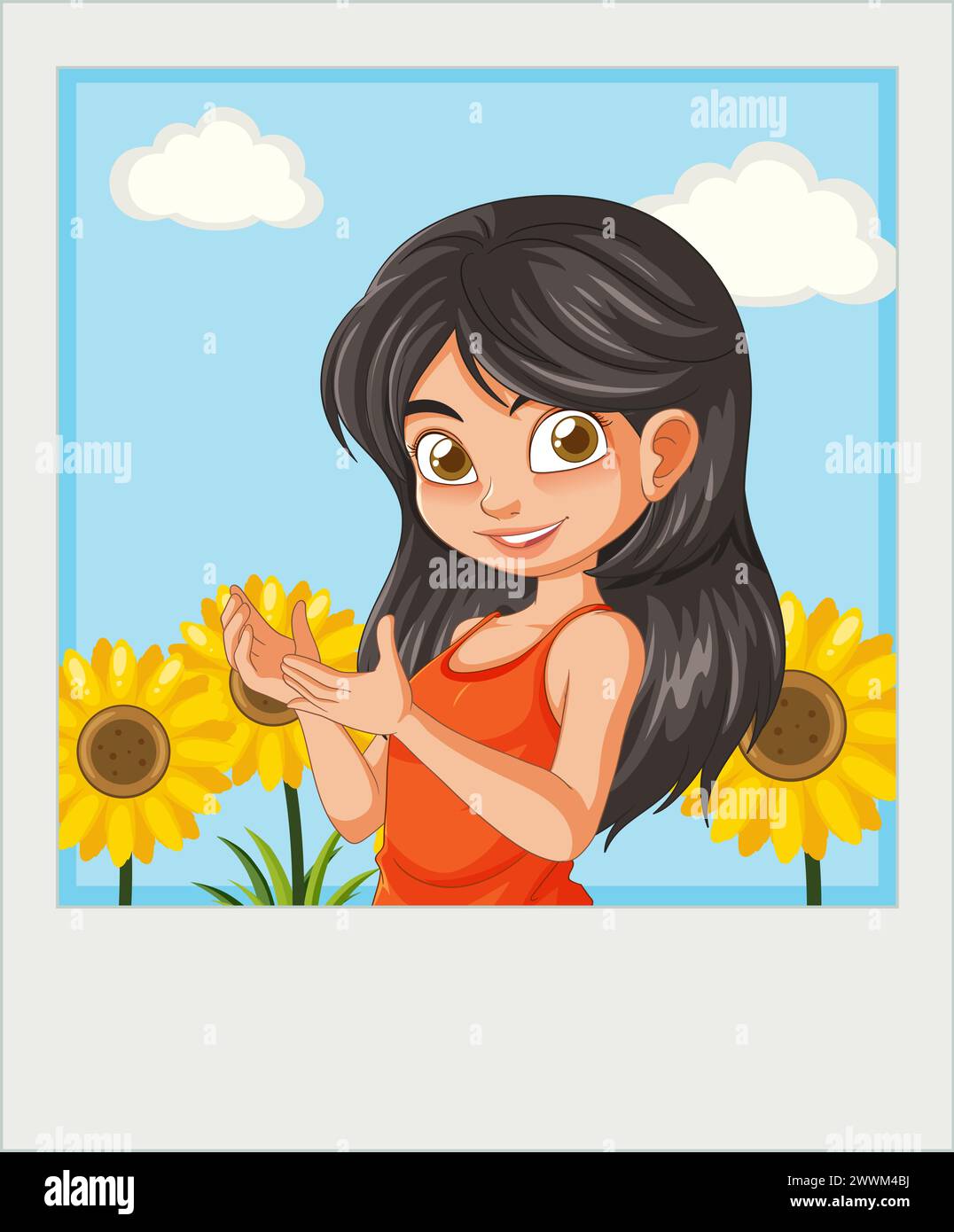 Vector illustration of a girl among bright sunflowers Stock Vector ...