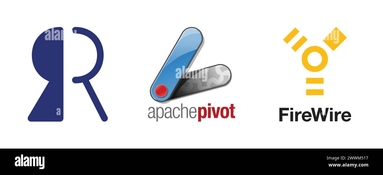 Pivot, FireWire, Heroku Redis.Editorial vector logo collection. Stock Vector