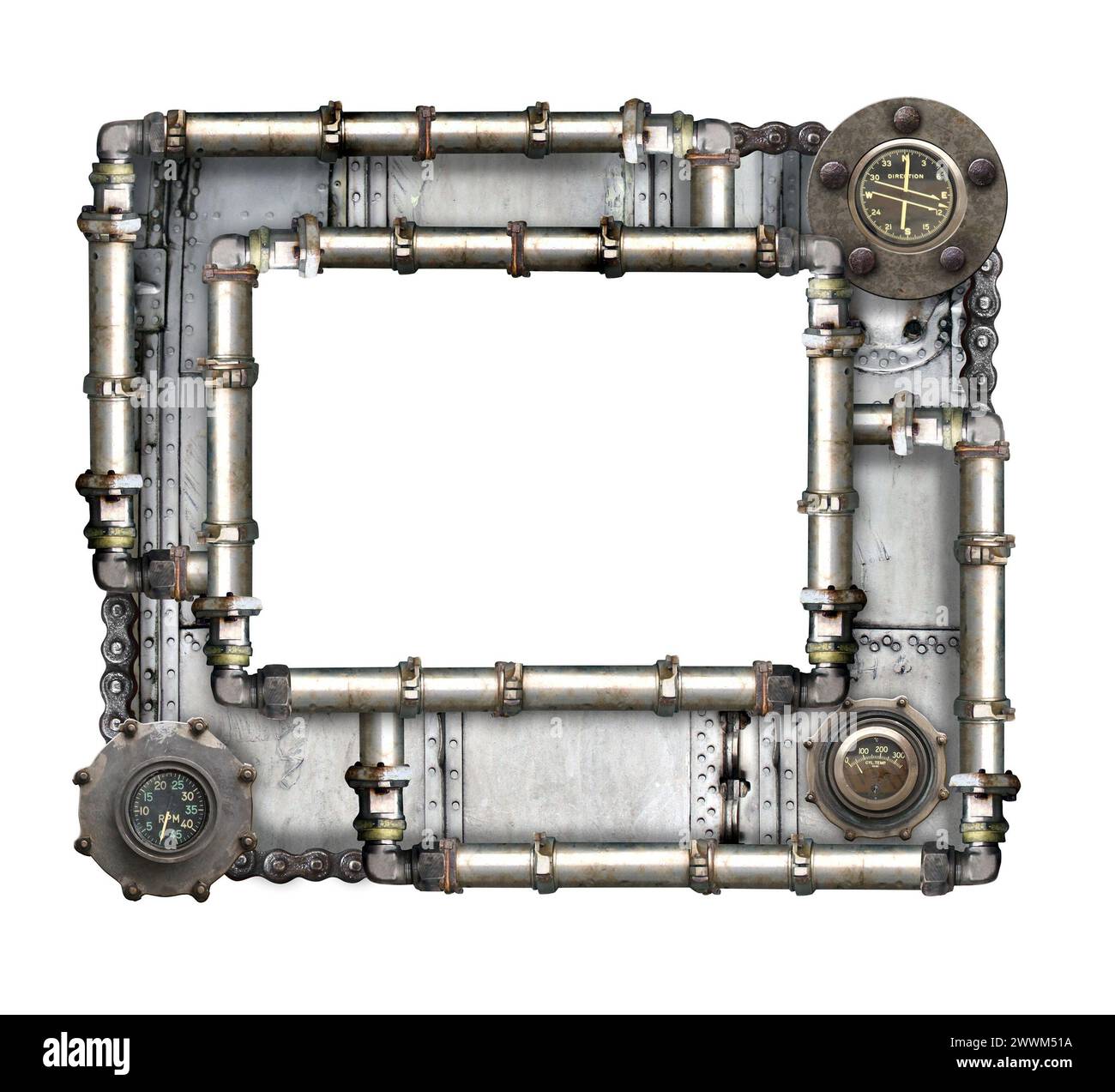 Metallic frame with vintage metal details, pipelines, gear, retro ...
