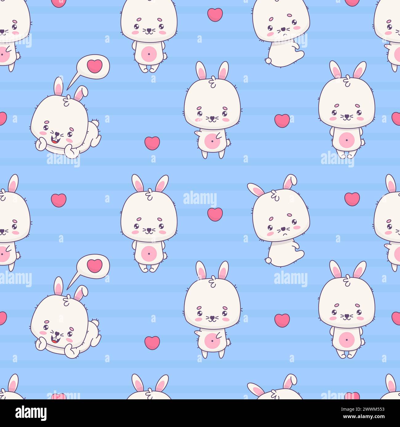 Seamless pattern with funny white bunny on blue background with hearts. Cute kawaii animal character. Vector illustration. Kids collection. Stock Vector