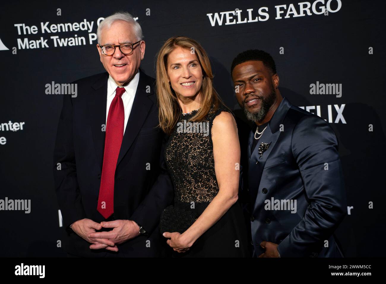 Washington, United States. 24th Mar, 2024. David Rubenstein, Caryn Zucker and Kevin Hart attend the 25th Annual Mark Twain Prize For American Humor at The Kennedy Center in Washington, DC on Sunday, March 24, 2024. Photo by Bonnie Cash/UPI. Credit: UPI/Alamy Live News Stock Photo