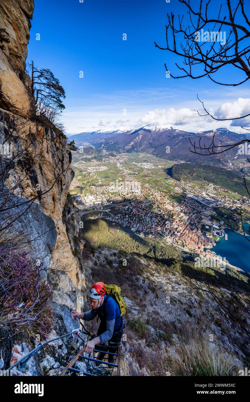 On the Via Ferrata dell’Amicizia climbing route near Riva del Garda, Italy Stock Photo