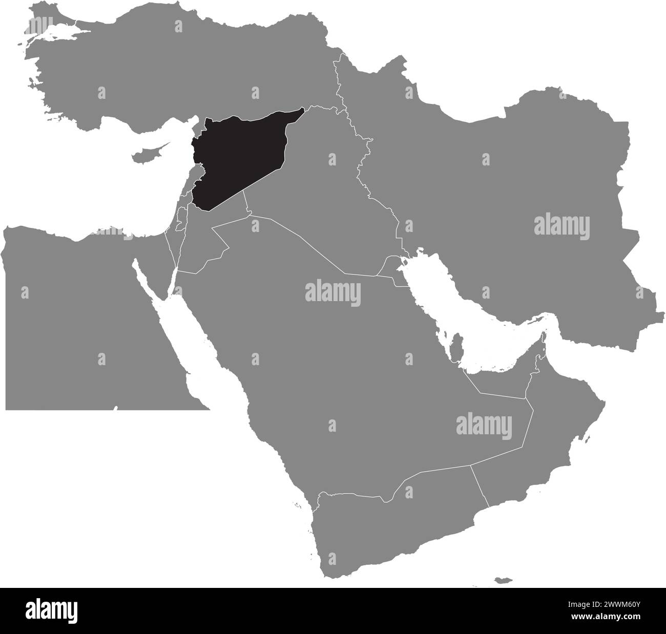 Black map of SYRIA inside gray map of the Middle East Stock Vector