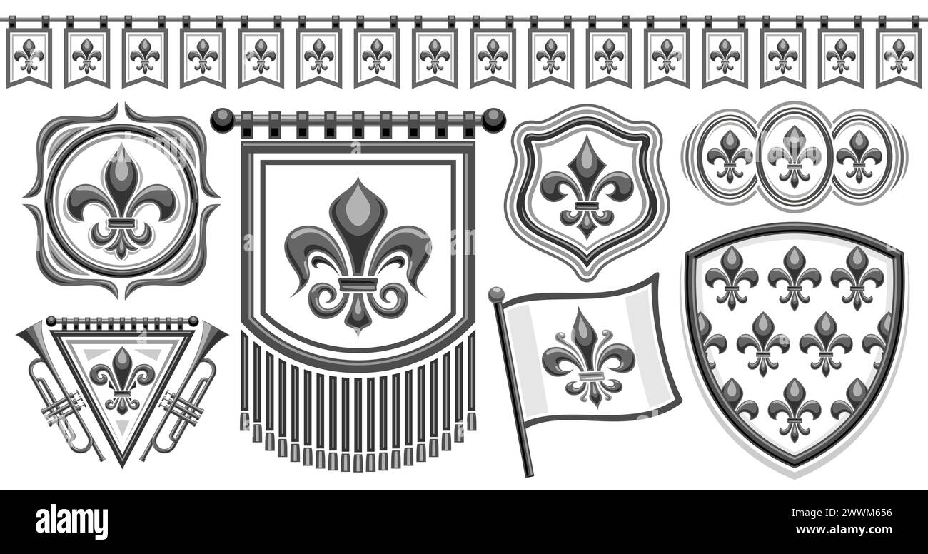 Vector Fleur de Lis set, horizontal banner with collection of isolated illustrations of diverse black and white fleur de lis flourishes, seamless garl Stock Vector