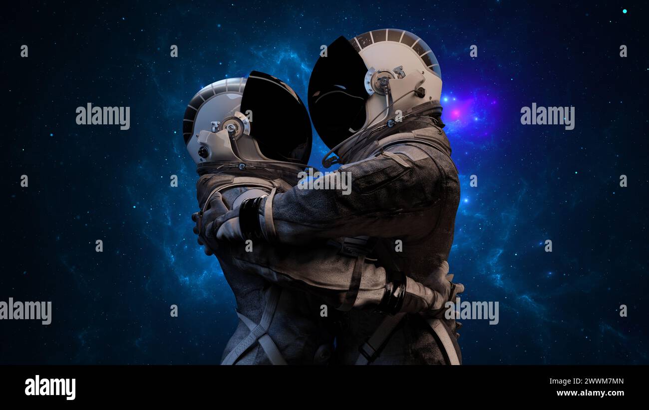 Two astronauts couple in space suits embracing against a backdrop of distant stars and the cosmic expanse. Love huge, man and woman. 3d render Stock Photo