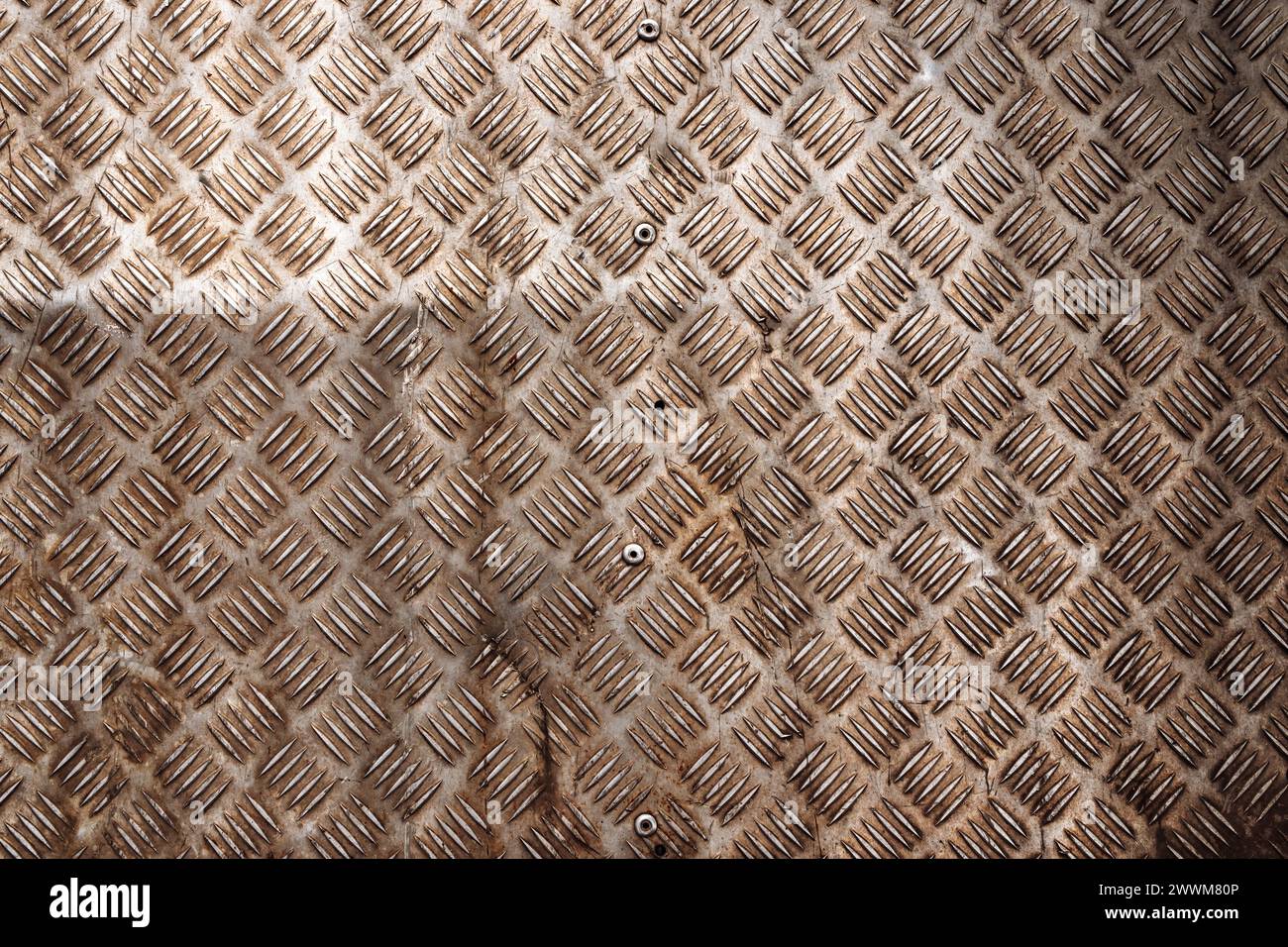 Dirty worn metallic anti skid surface, durable industrial flooring as grunge background, top view Stock Photo