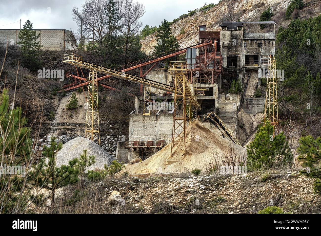 Plant and machinery of the sand quarry at Bivio Santo Iona. Santa Iona, Ovindoli, Abruzzo, Italy, Europe Stock Photo