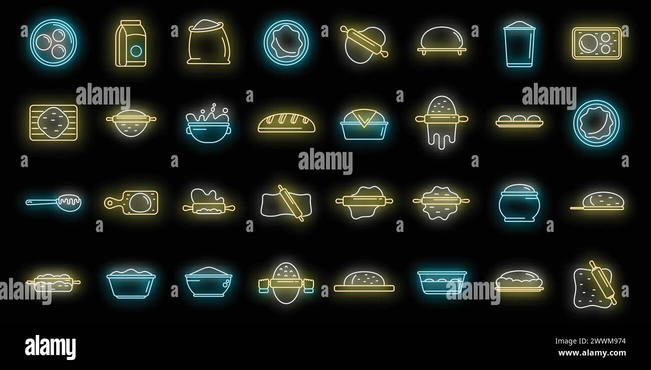 Dough icons set outline vector. Pizza bake. Bakery cooking neon color on black Stock Vector