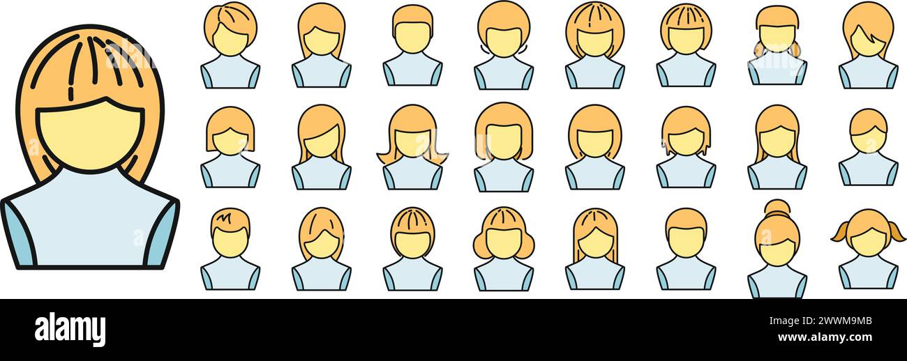 Wig icons set outline vector. Woman hair. Girl style thin line color ...