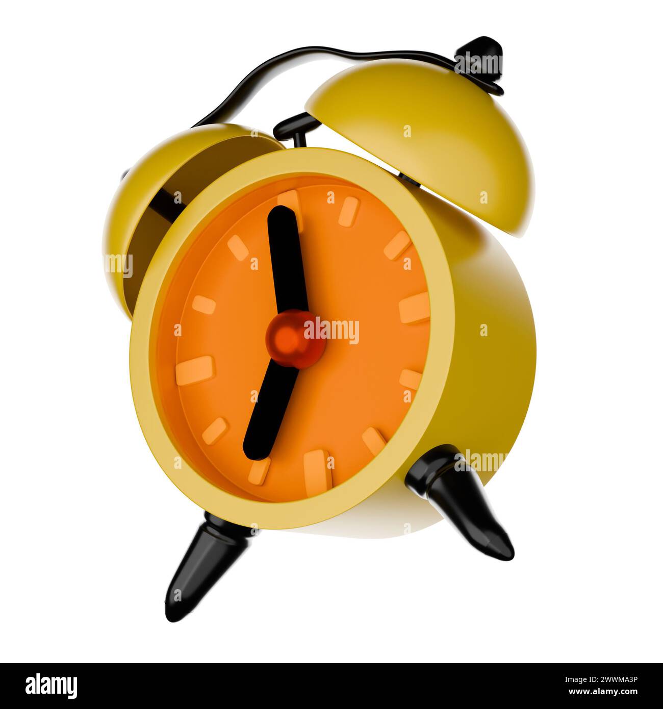 Yellow alarm clock, cartoon style, 3D rendering on white background have work path. Wake up at 7