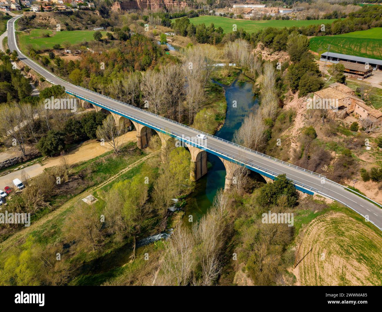 Aerial view of the Castellet bridge on a spring morning, in Navàs (Bages, Barcelona, Catalonia, Spain) ESP: Vista aérea del puente de Castellet, Navàs Stock Photo