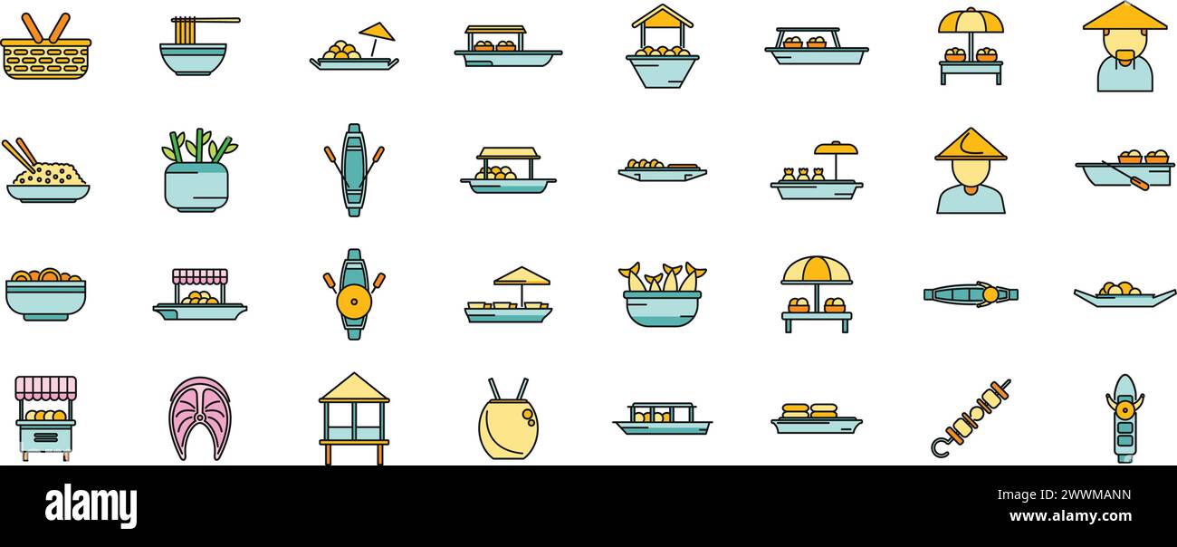 Floating market icons set outline vector. Asian basket. Attraction marketplace thin line color flat isolated Stock Vector