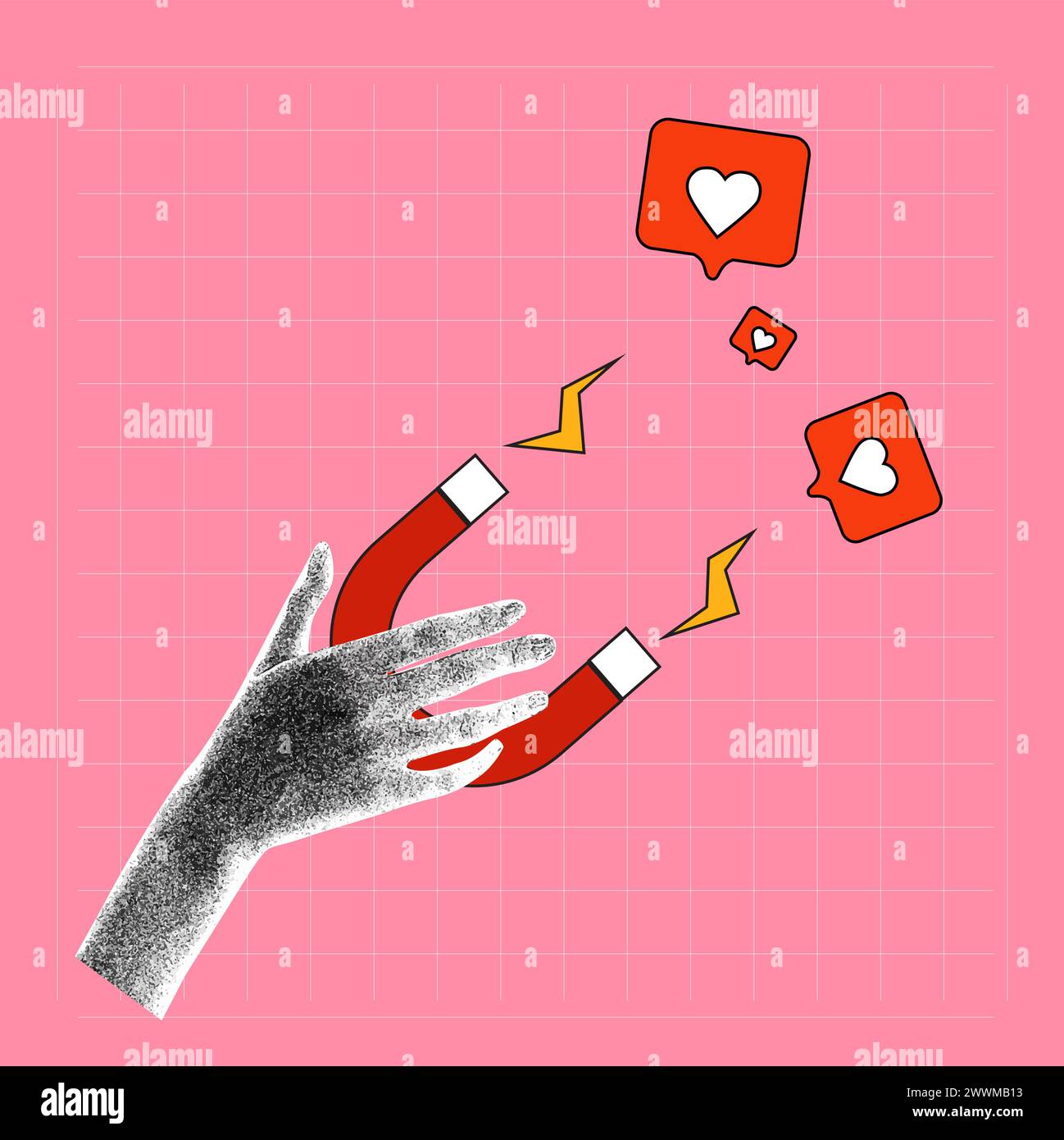 Contemporary art collage. Vector illustration. Hand holding magnet and ...