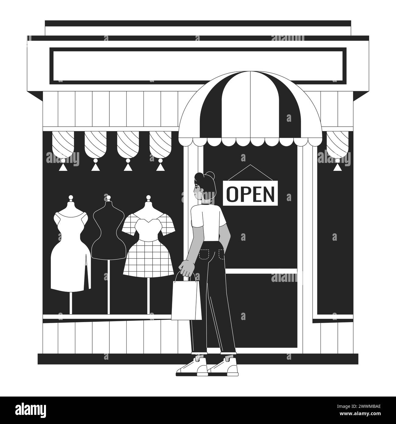 Black woman looking at clothes in fashion shop black and white 2D line