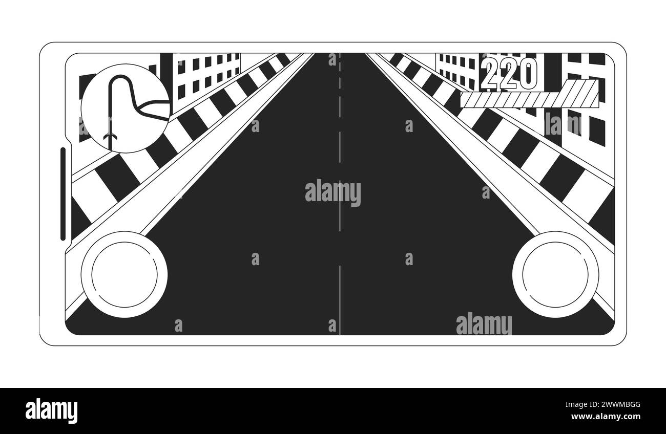 Empty racing track on smartphone screen black and white 2D line cartoon
