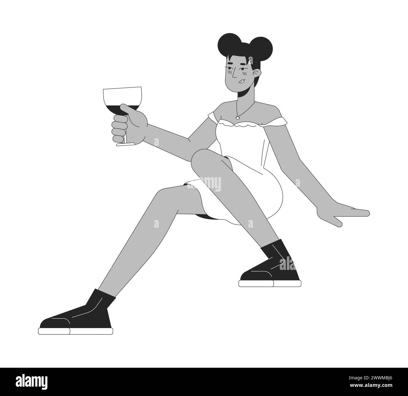 African-american happy woman wineglass black and white 2D line cartoon