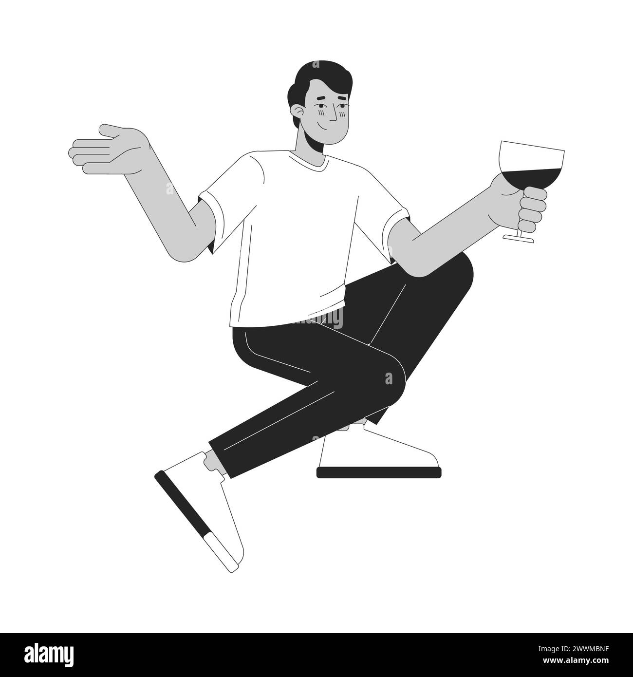 Indian man drinking cocktail black and white 2D line cartoon character
